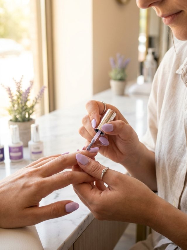 Manicure aplicando esmalte em gel em um estúdio de unhas